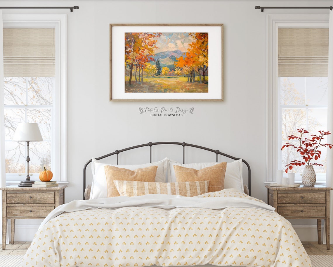 Autumn Meadow Mountain Valley Oil Painting Fall Landscape Art Print - Image 2
