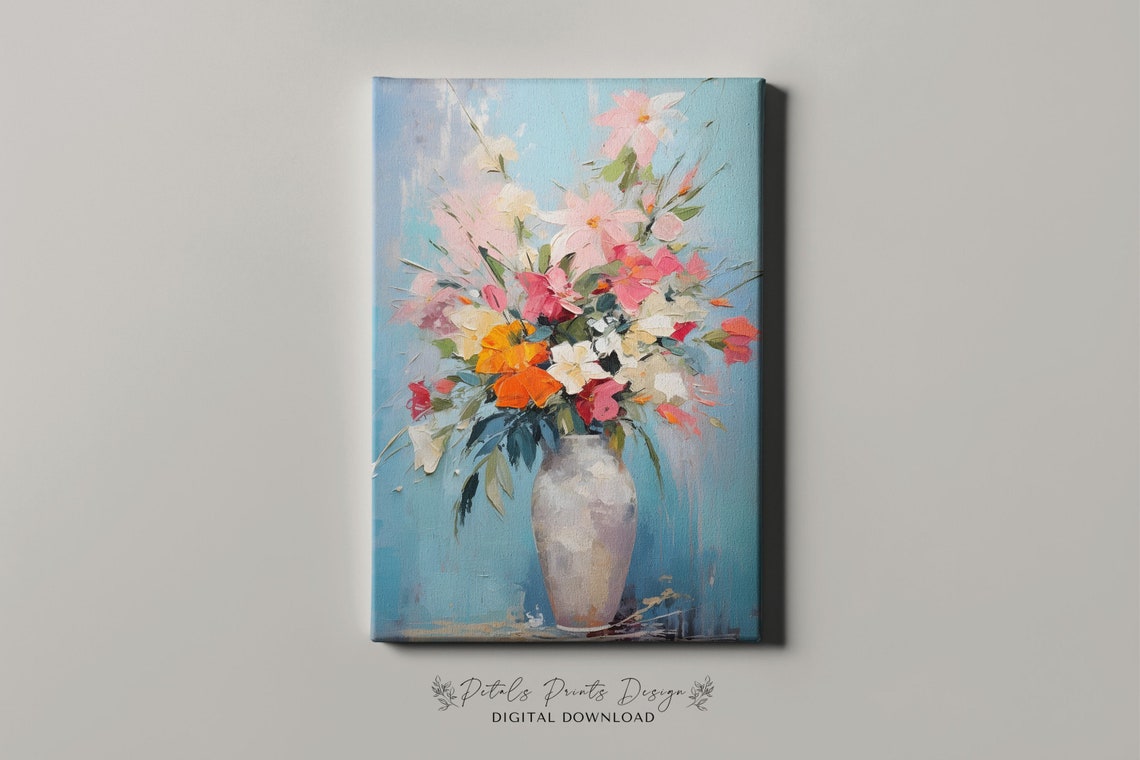 Colorful Flower Bouquet Blue Background Floral Oil Art Poster - Image 4