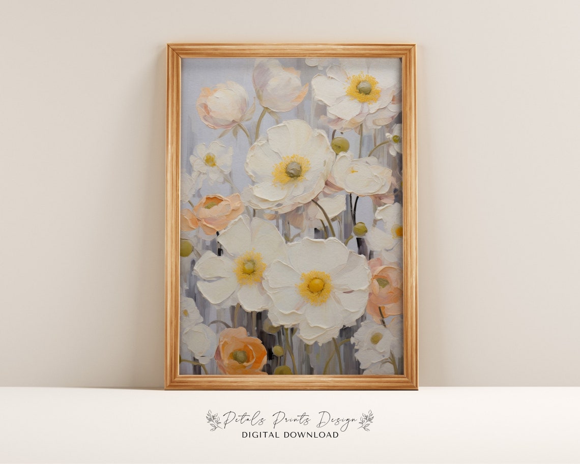 White and Peach Anemones Textured Impasto Floral Painting Poster