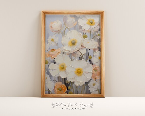 White and Peach Anemones Textured Impasto Floral Painting Poster