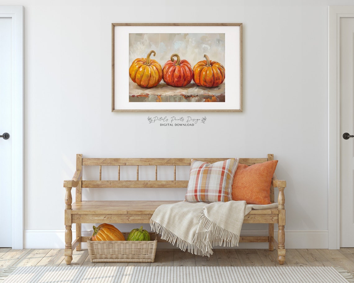 Vibrant Pumpkin Row Tall Stems Impasto Fall Still Life Art Print - Image 3