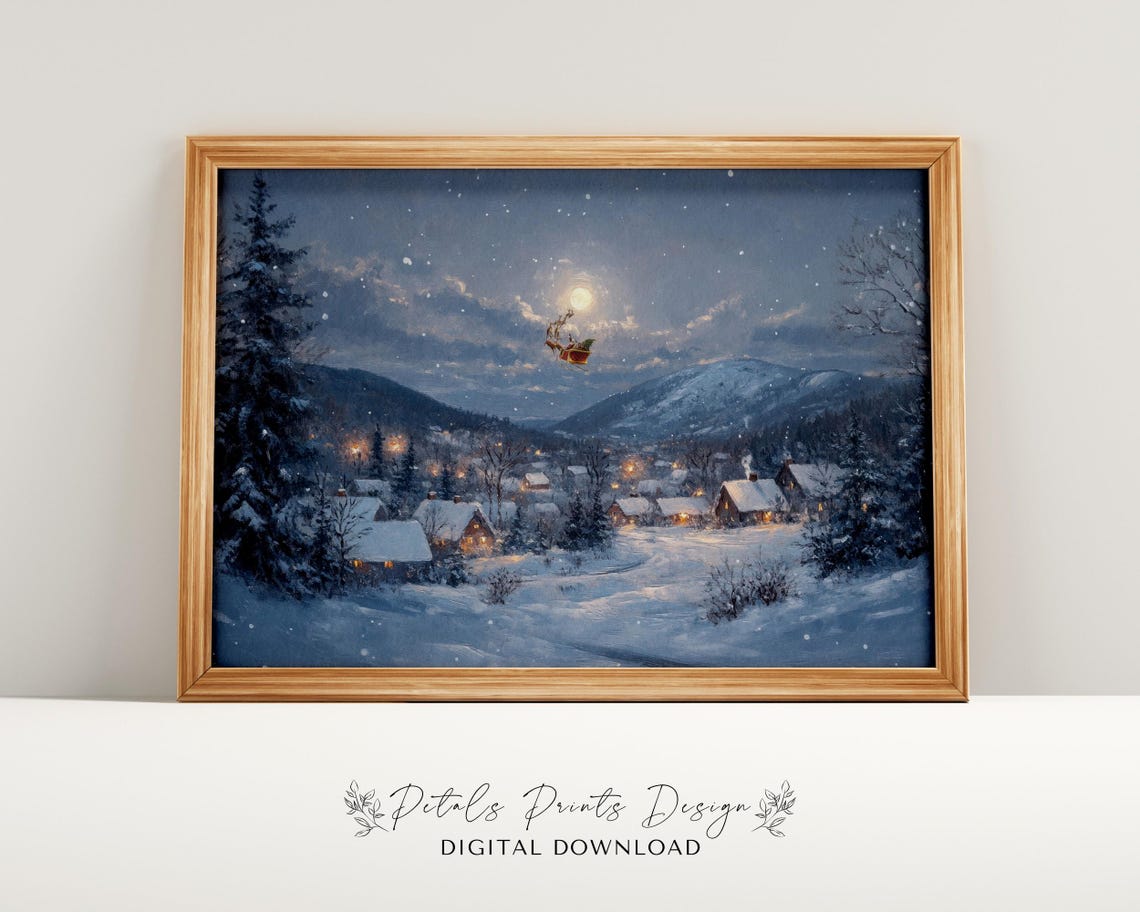 Santa Flying Over Snowy Village Night Moon Christmas Painting Poster