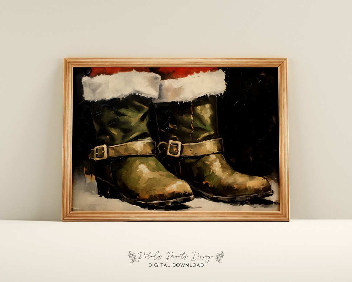 Christmas Boots Still Life, Rustic Vintage Art Print