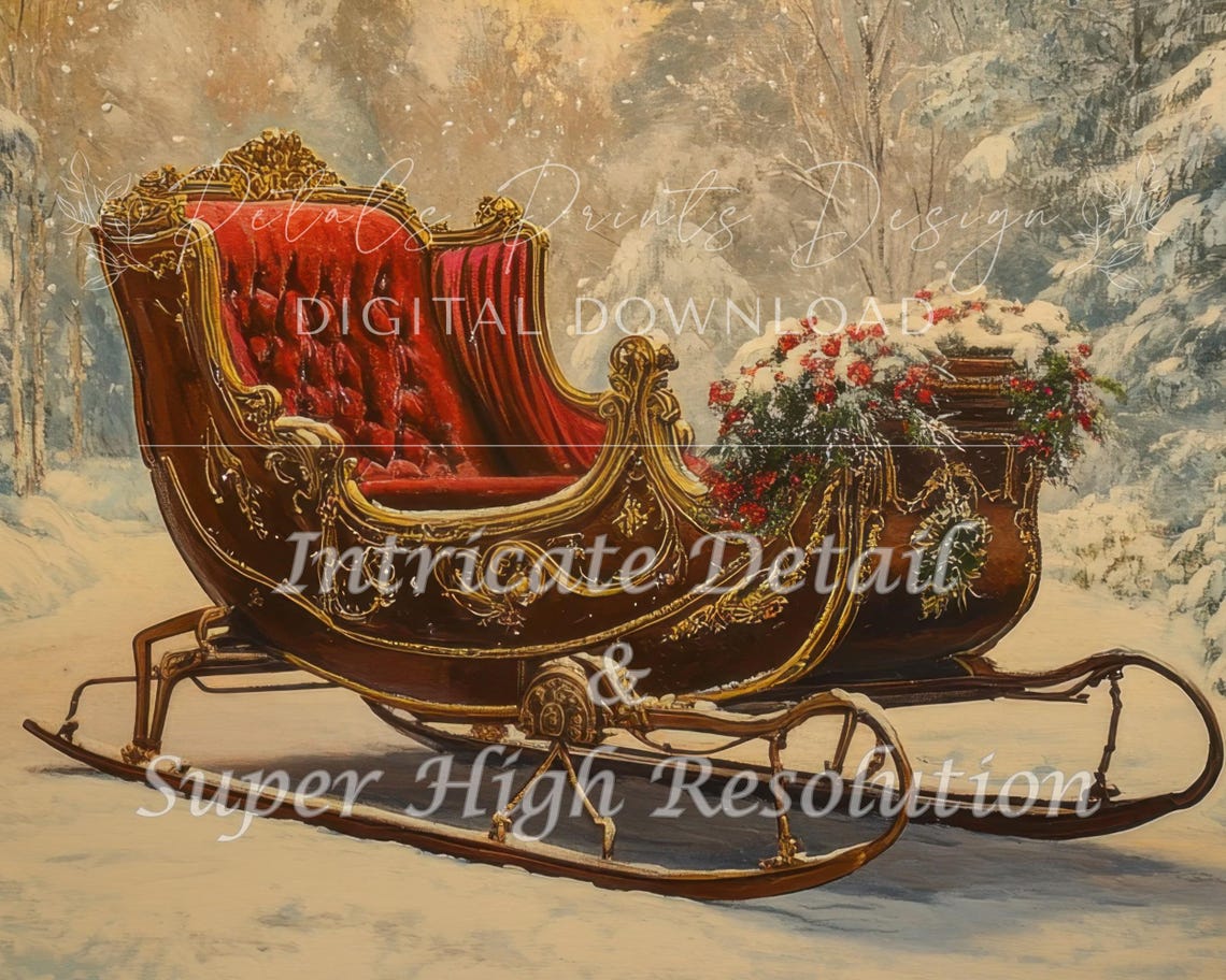 Vintage Red Sleigh In Snowy Forest Christmas Winter Painting Poster - Image 2