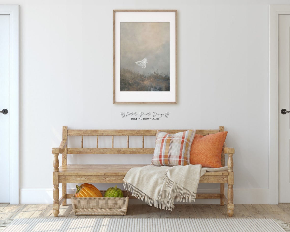 Minimalist Floating Ghost Foggy Field Neutral Halloween Art Print - Image 3