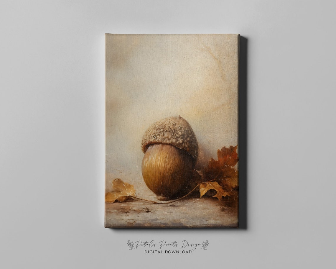 Acorn Resting Beside Oak Leaves in Soft Blue Gray Still Life Poster - Image 4