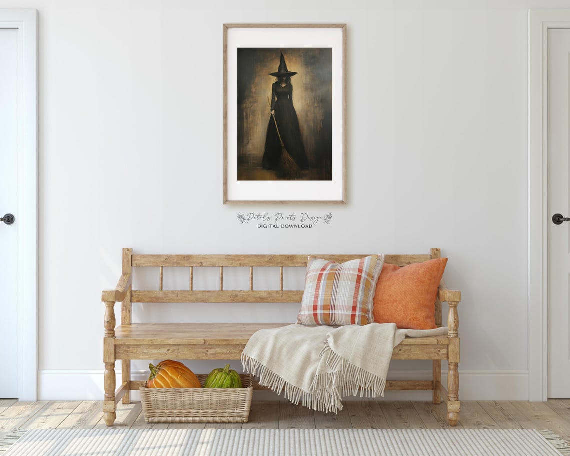 Dark Witch Portrait Black Hat Broom Gothic Halloween Wall Art - Image 3