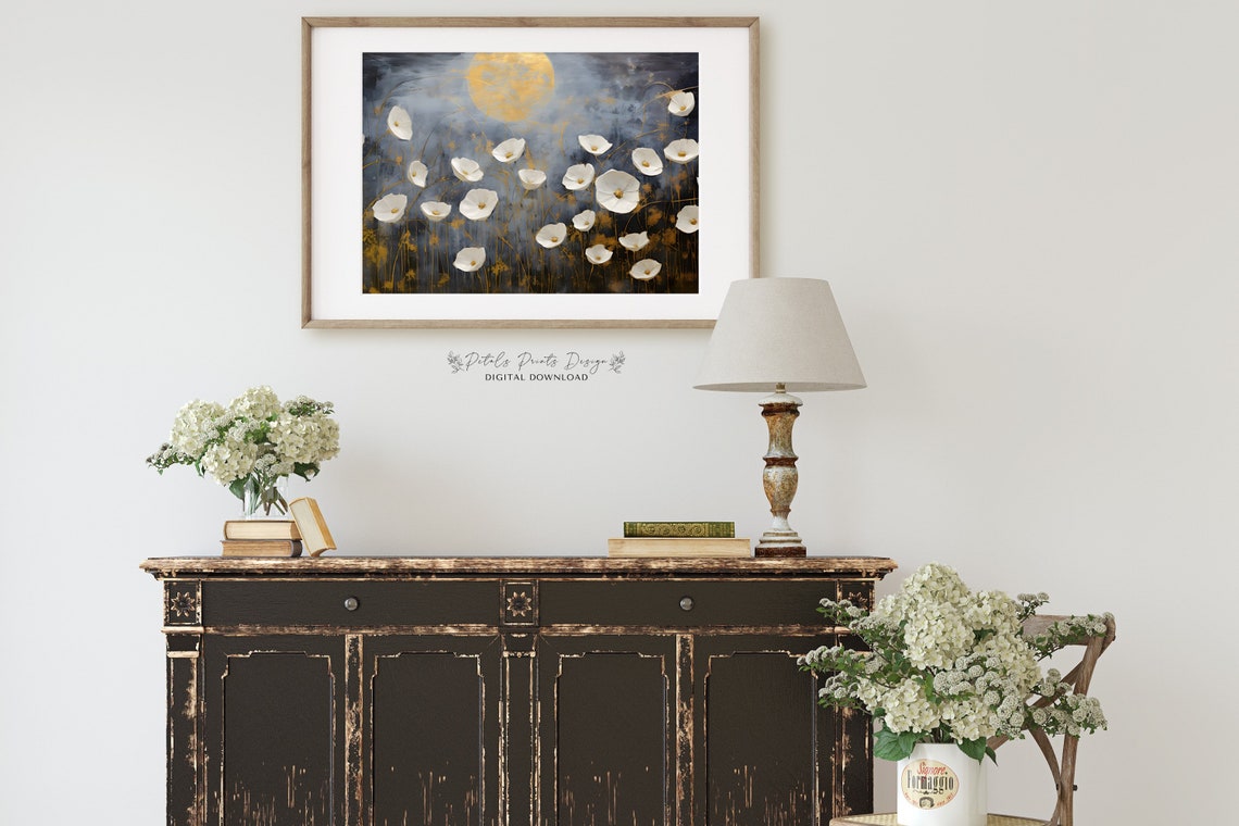 White Cosmos Field Under Golden Moon Dark Moody Floral Poster - Image 2