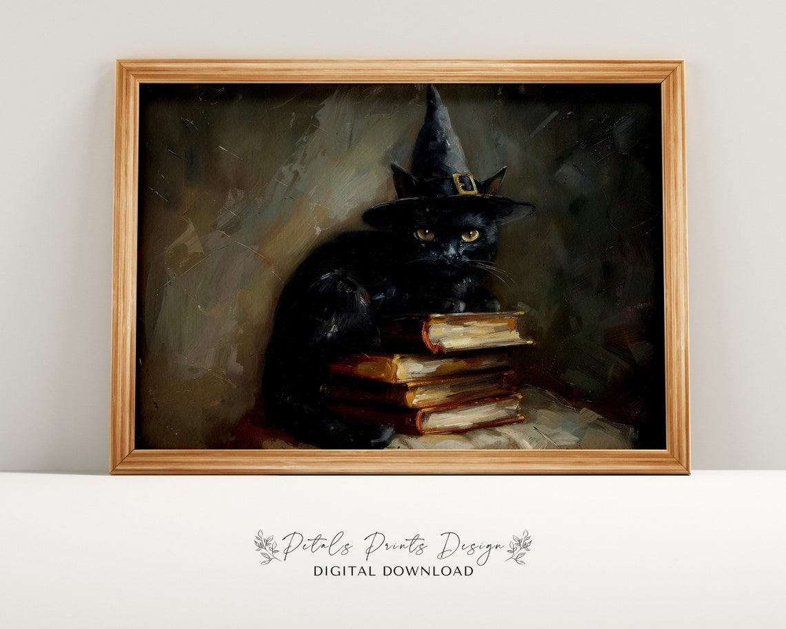 Witch Hat Black Cat Resting On Vintage Books Halloween Poster