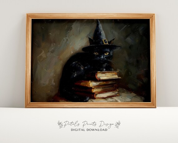 Witch Hat Black Cat Resting On Vintage Books Halloween Poster