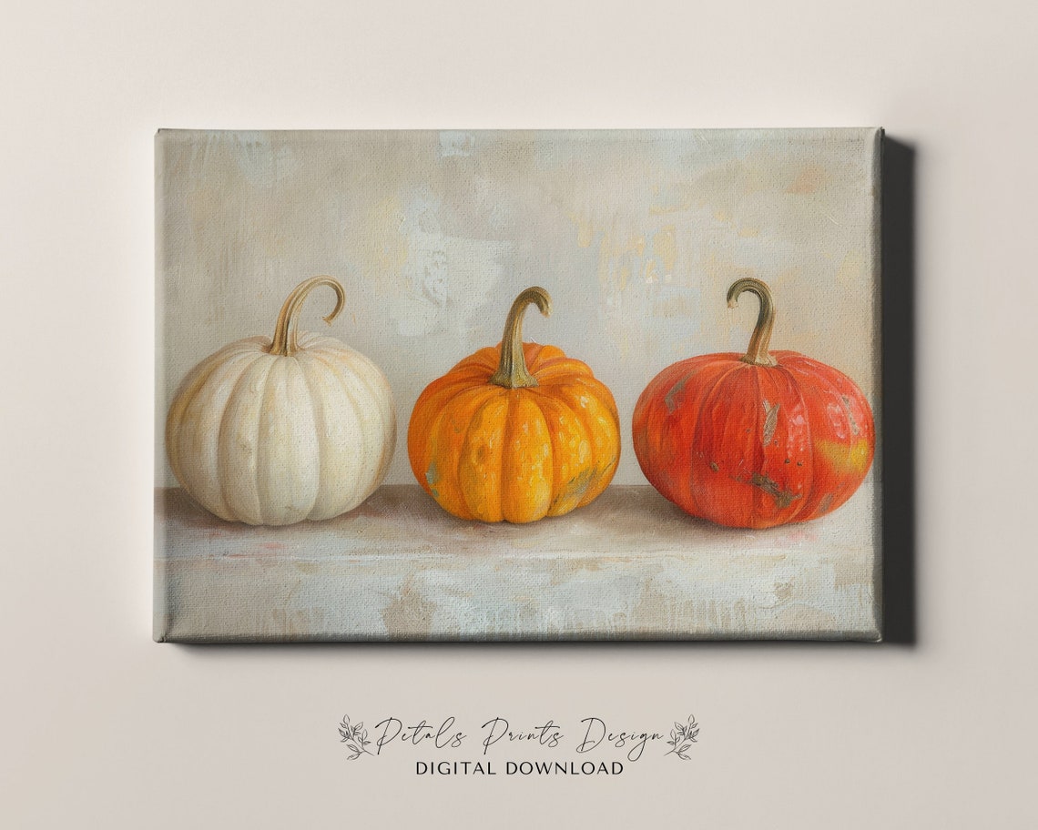 White Orange Pumpkin Row Soft Vintage Fall Still Life Art Print - Image 4