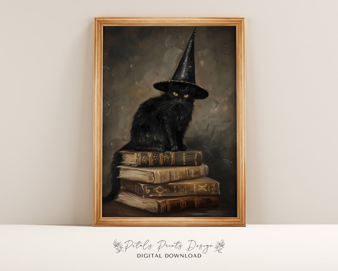 Black Cat Sitting On Tall Stack Of Books Witch Hat Halloween Poster