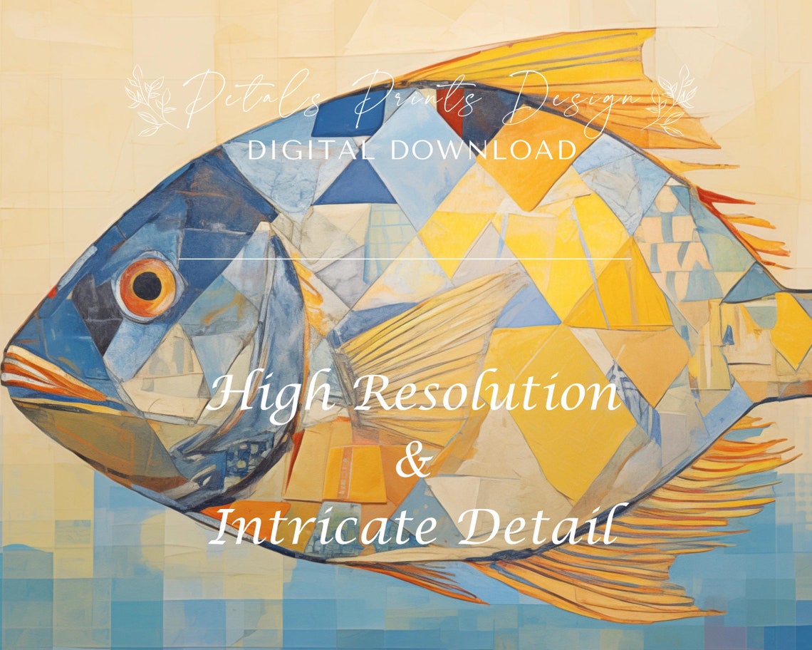 Geometric Mosaic Fish in Blue Gold Triangles Abstract Art Poster - Image 3