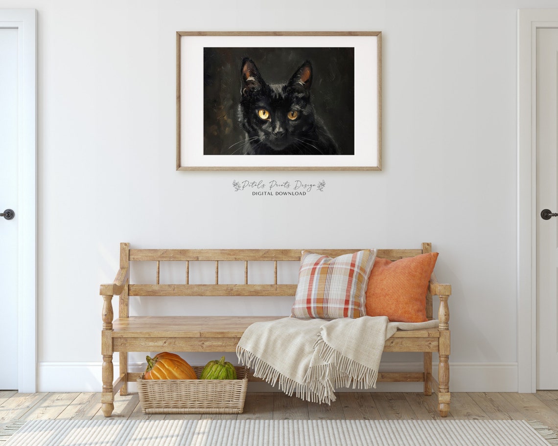 Black Cat Portrait Golden Eyes Dark Gothic Oil Painting Poster - Image 3