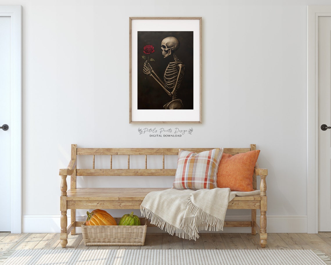 Skeleton Holding Red Rose Valentine Gothic Love Painting Poster - Image 3