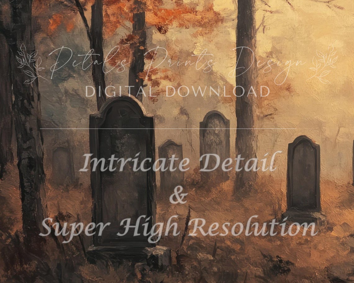Misty Autumn Graveyard Tombstones Foggy Fall Forest Wall Art - Image 2