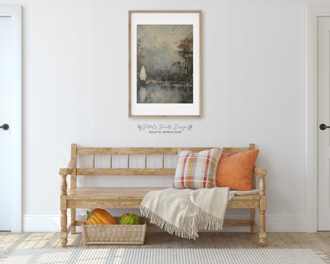 Ghost By Misty Lake Autumn Trees Vintage Halloween Decor Art Print - Image 3