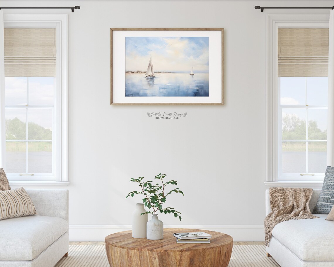 Sailboats on Calm Water Under Soft Blue Sky Serene Seascape Poster - Image 2