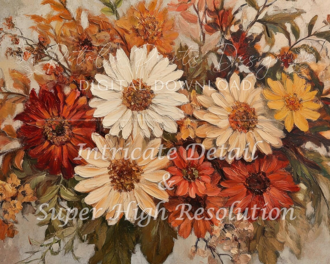 Autumn Floral Bouquet Vintage Oil Painting Fall Daisy Wall Art - Image 2