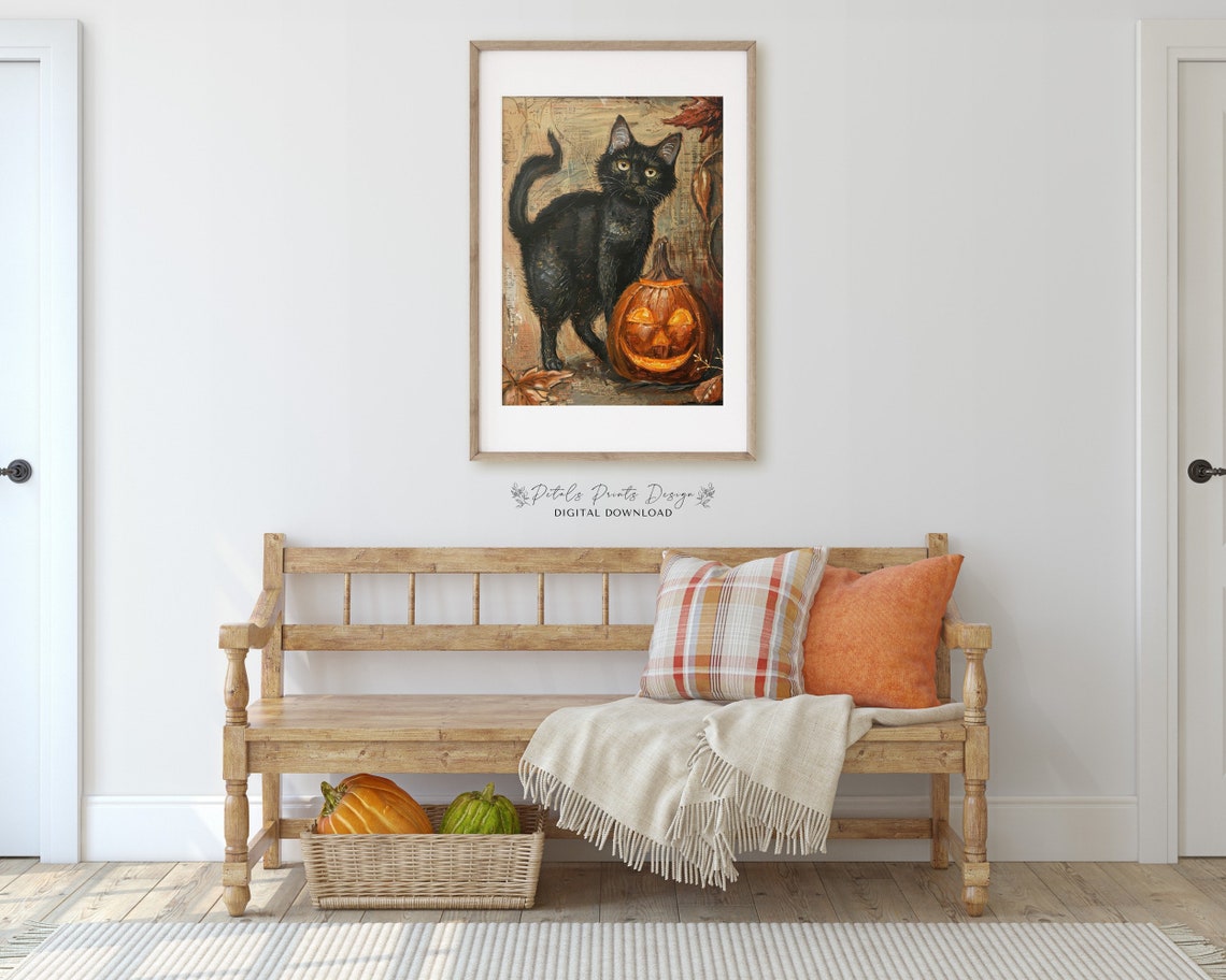 Black Cat With Jack O Lantern Vintage Halloween Painting Poster - Image 3