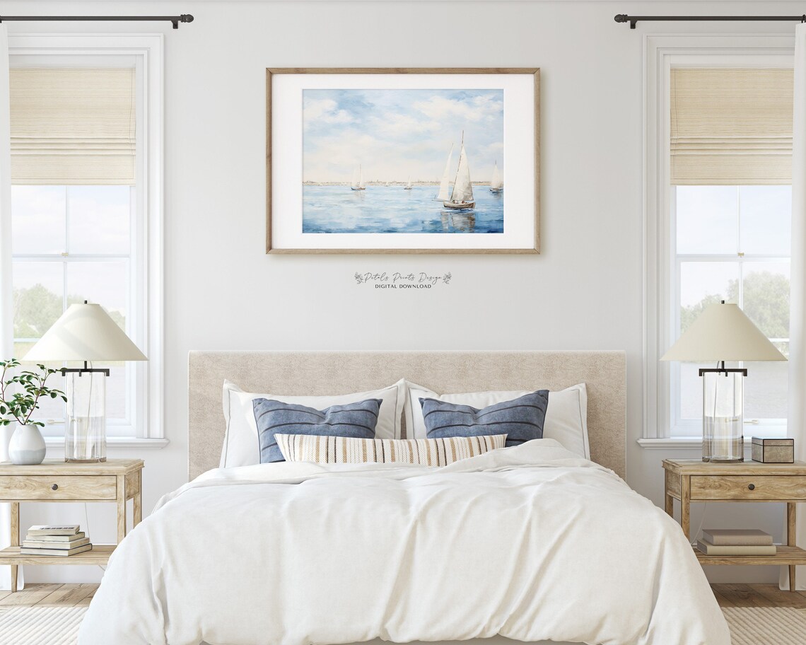 Sailboats on Calm Blue Sea Watercolor Seascape Nautical Poster - Image 2