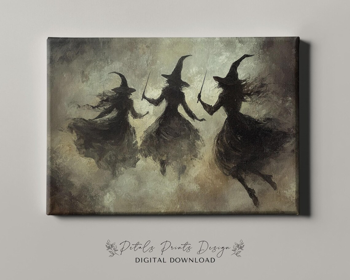 Three Witches Dancing with Wands in Smoky Dark Halloween Painting Poster - Image 4