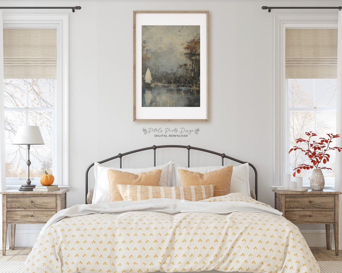 Ghost By Misty Lake Autumn Trees Vintage Halloween Decor Art Print - Image 2