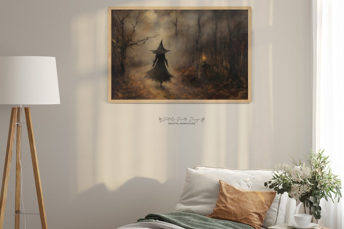 Witch Silhouette Dark Forest Lantern Glow Vintage Halloween Poster - Image 3