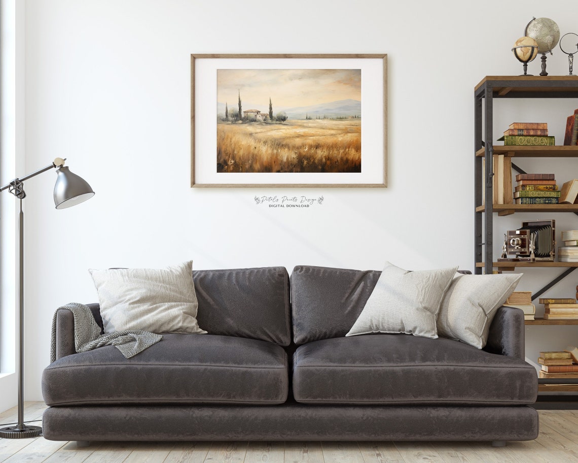 Tuscan Villa Golden Wheat Field Soft Sky Rustic Landscape Oil Poster - Image 2