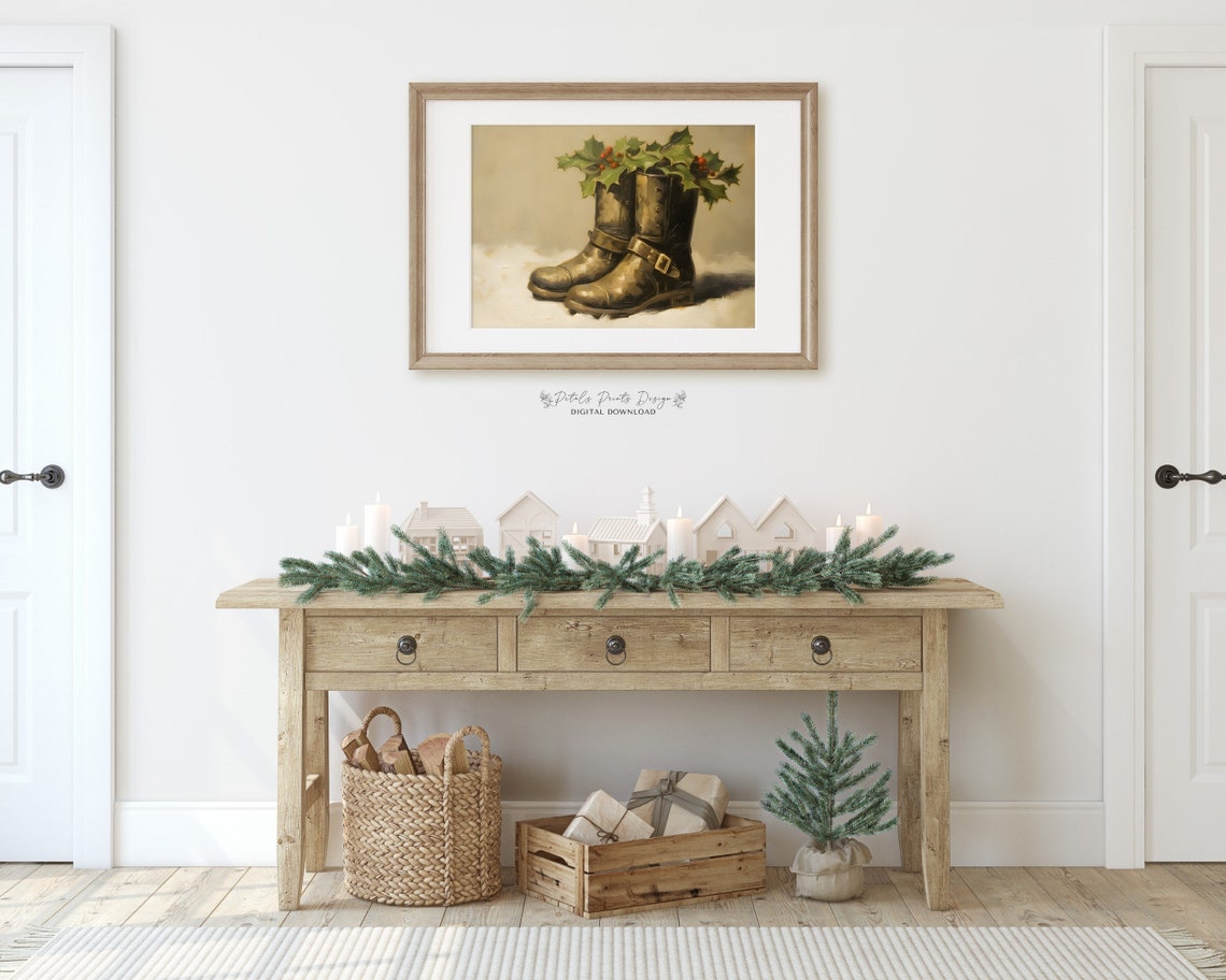 Vintage Boots with Holly Berries in Snow Christmas Still Life Poster - Image 2
