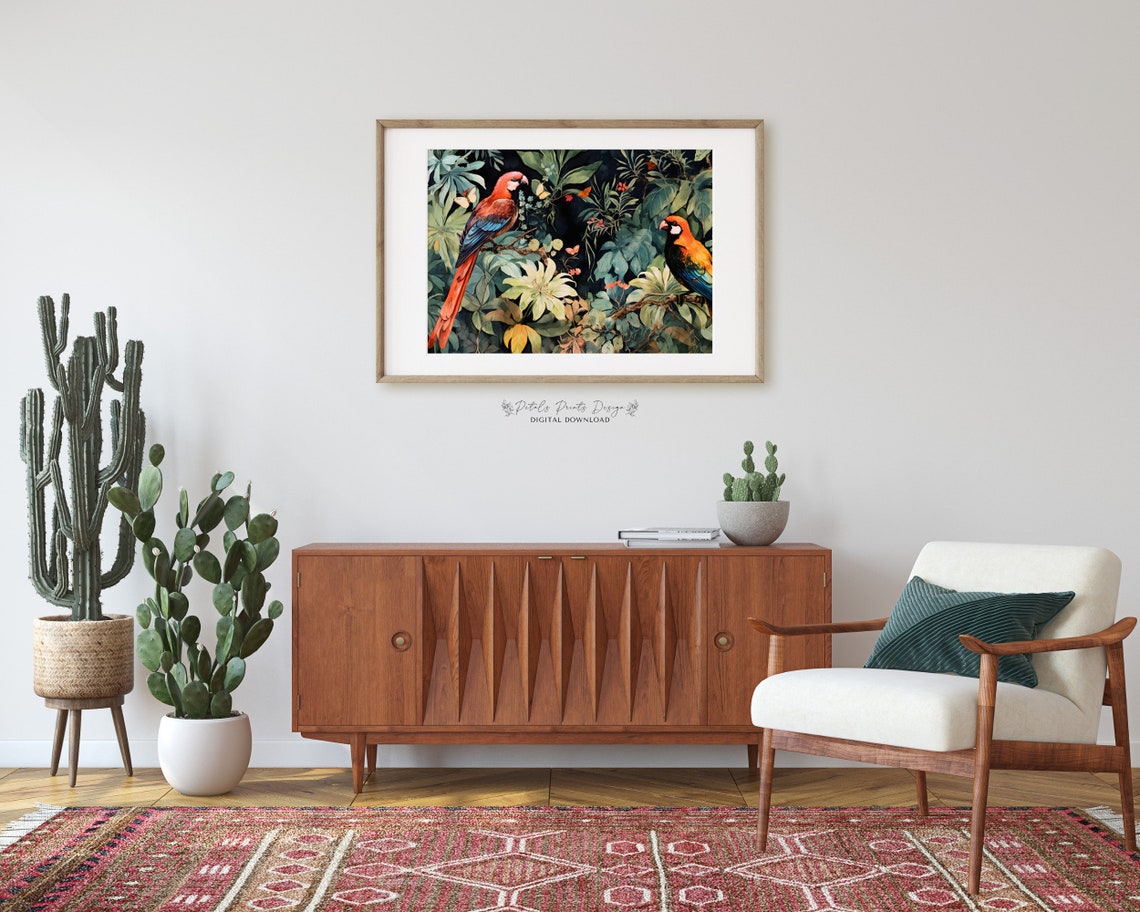 Colorful Macaw Parrots Dark Jungle Foliage Tropical Bird Poster - Image 2