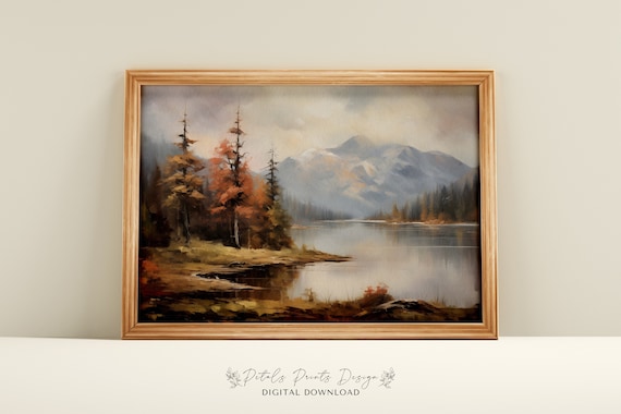 Mountain Lake Autumn Pines Reflection Vintage Landscape Poster