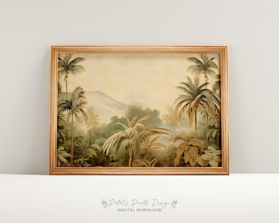 Vintage Palm Jungle Mountains Beige Green Classic Landscape Poster