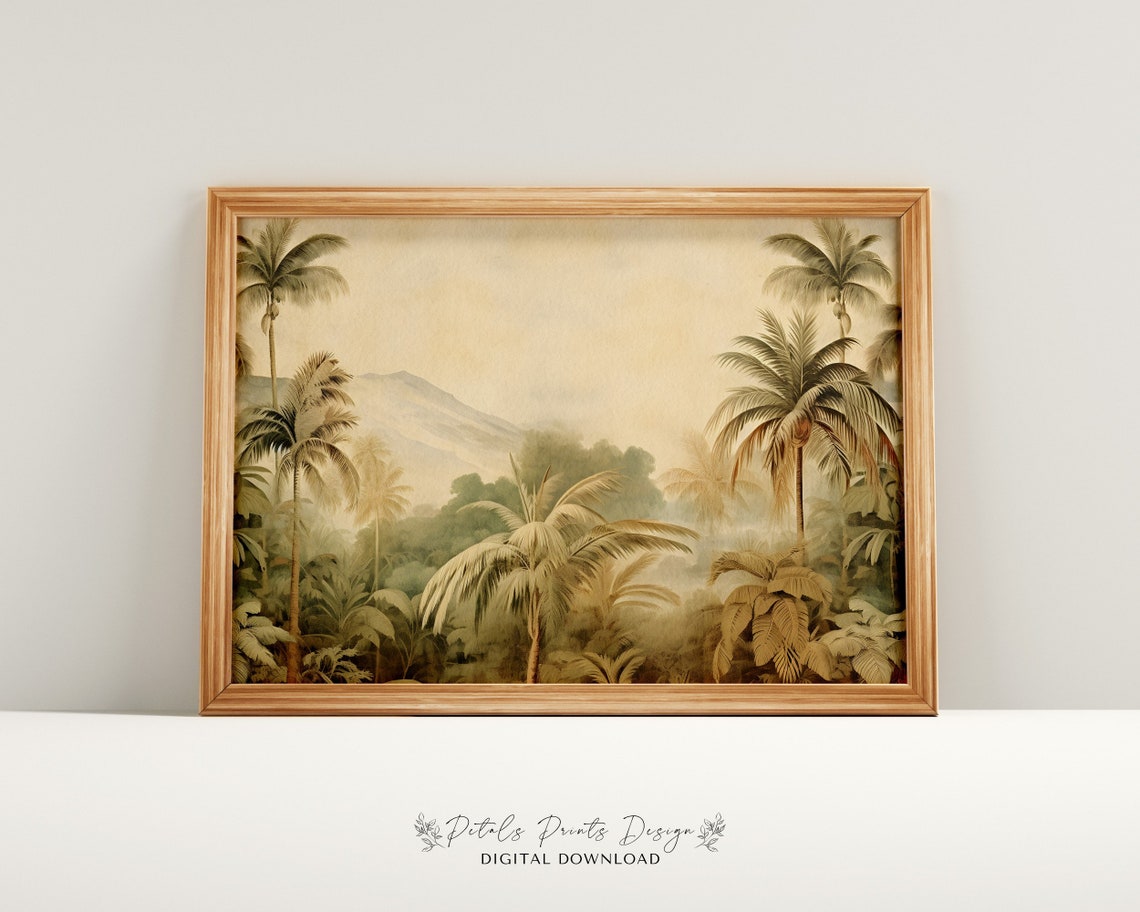 Vintage Palm Jungle Mountains Beige Green Classic Landscape Poster