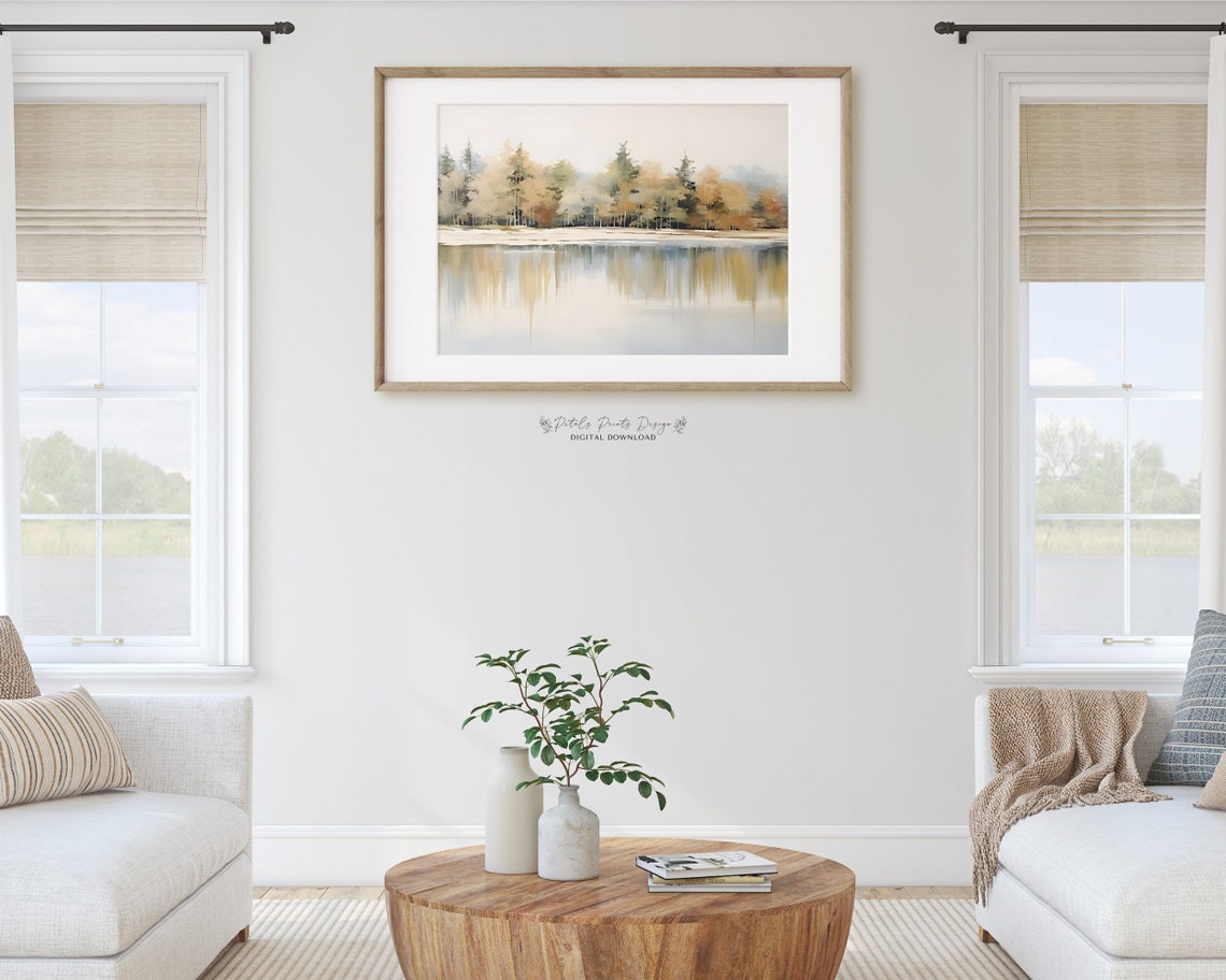 Golden Autumn Treeline Lake Reflection Warm Fall Watercolor Poster - Image 2