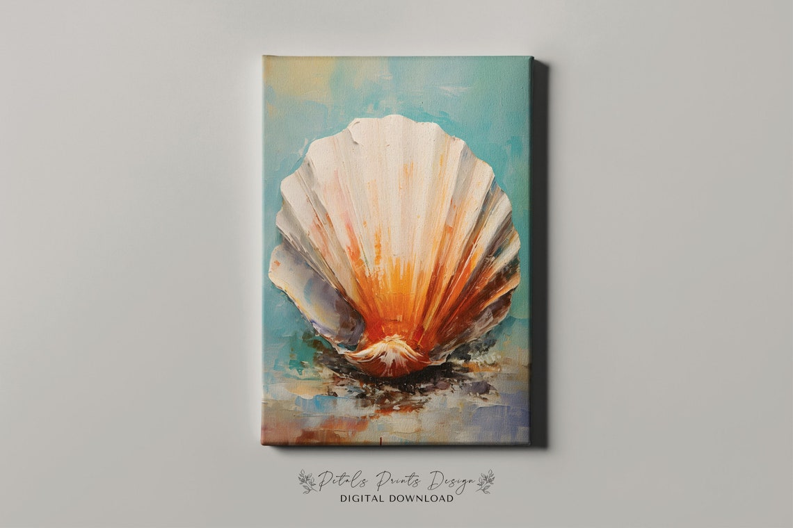 Scallop Shell Orange Turquoise Coastal Seashell Oil Painting Poster - Image 4