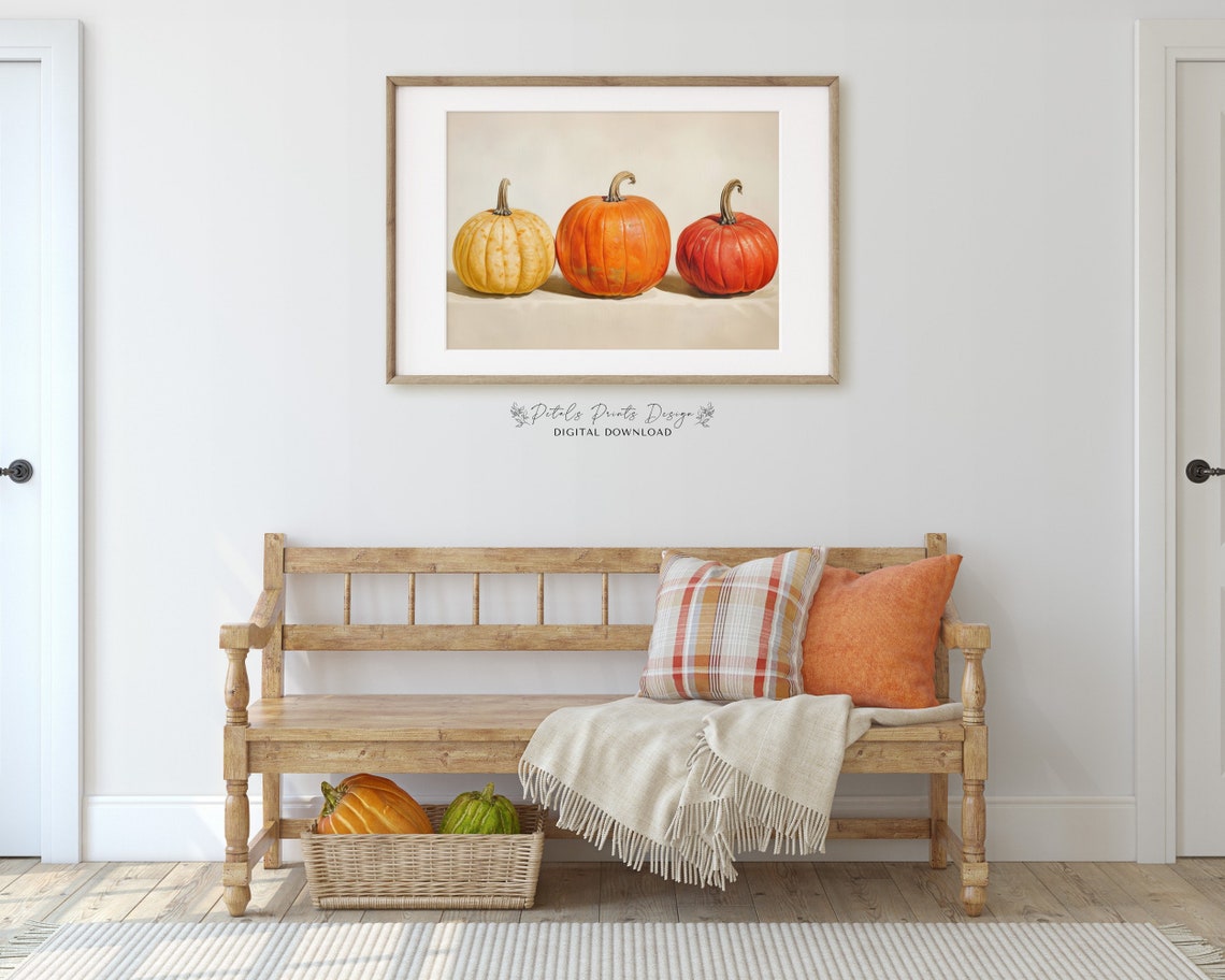 Three Pumpkins Still Life Autumn Harvest Thanksgiving Wall Art - Image 3