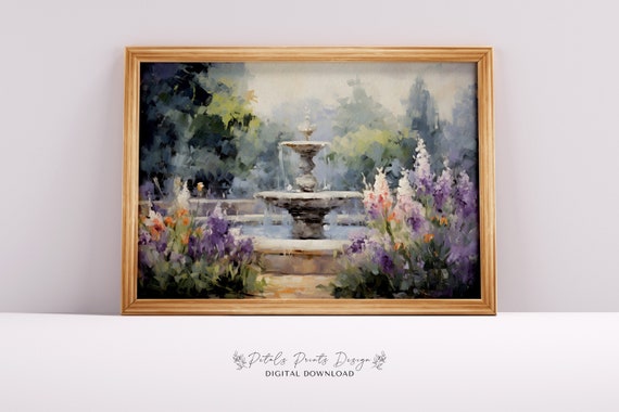 Garden Fountain Art Vintage Oil Painting Cottagecore Wall Art Decor Farmhouse Print Garden Art Print 2024