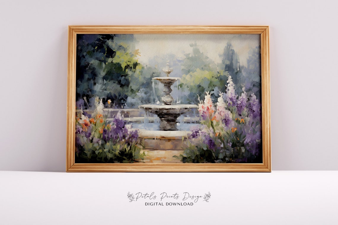 Garden Fountain Art Vintage Oil Painting Cottagecore Wall Art Decor Farmhouse Print Garden Art Print 2024