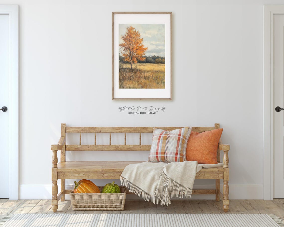 Lone Autumn Tree In Golden Field Fall Landscape Painting Poster - Image 3