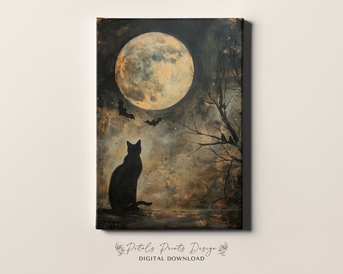 Black Cat Full Moon Bats Vintage Halloween Spooky Night Art Print - Image 4