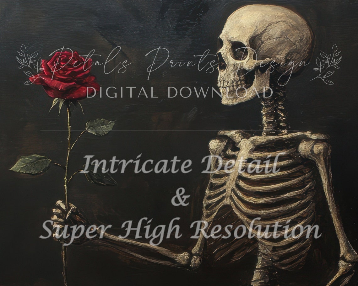 Skeleton Offering Red Rose Romantic Gothic Halloween Painting Poster - Image 2