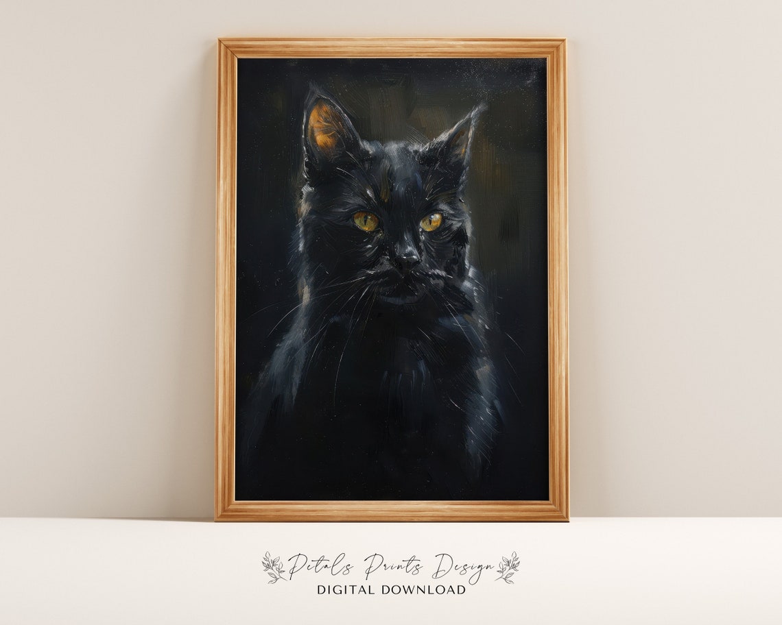 Black Cat Night Sky Portrait Yellow Eyes Mystical Starry Art Print
