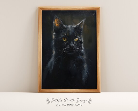 Black Cat Night Sky Portrait Yellow Eyes Mystical Starry Art Print