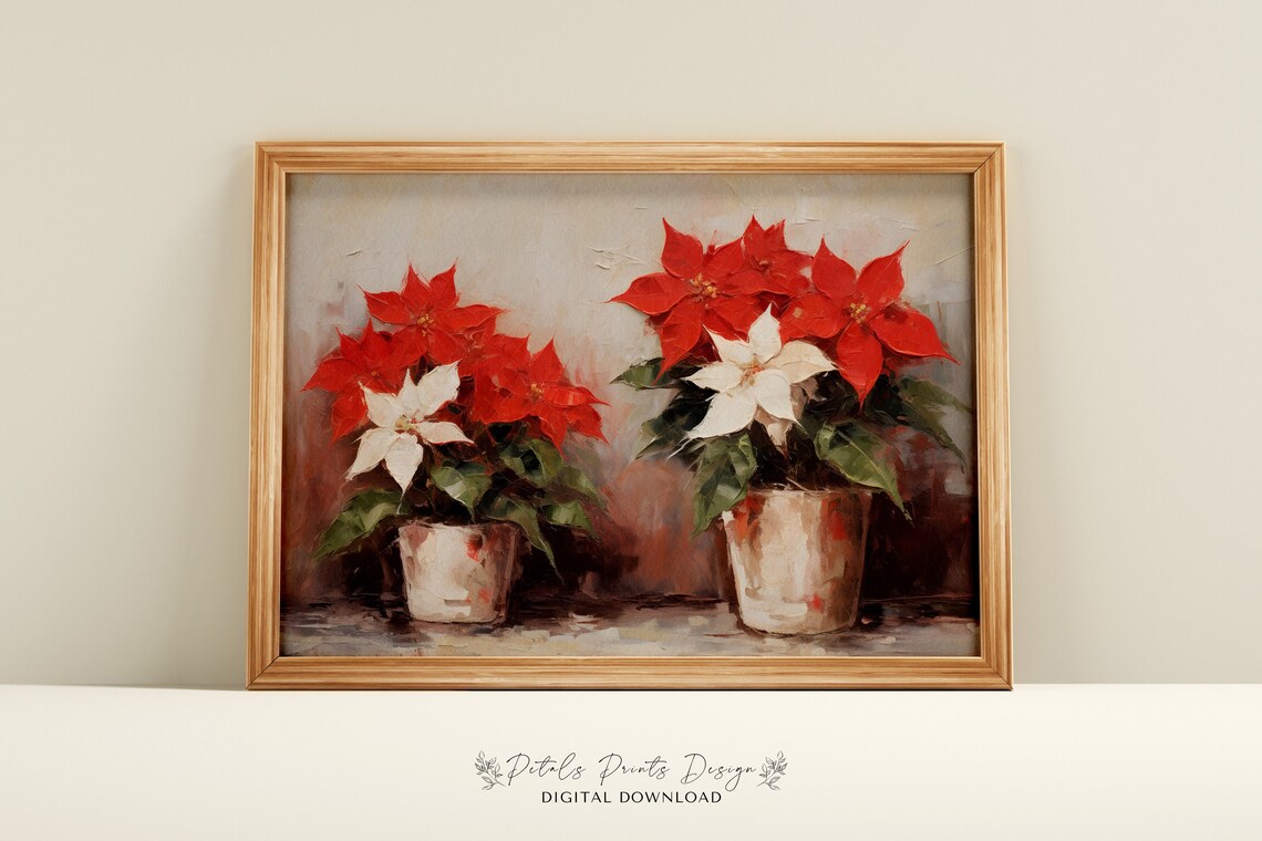 Poinsettia Christmas Art Print, Rustic Vintage Xmas Decor