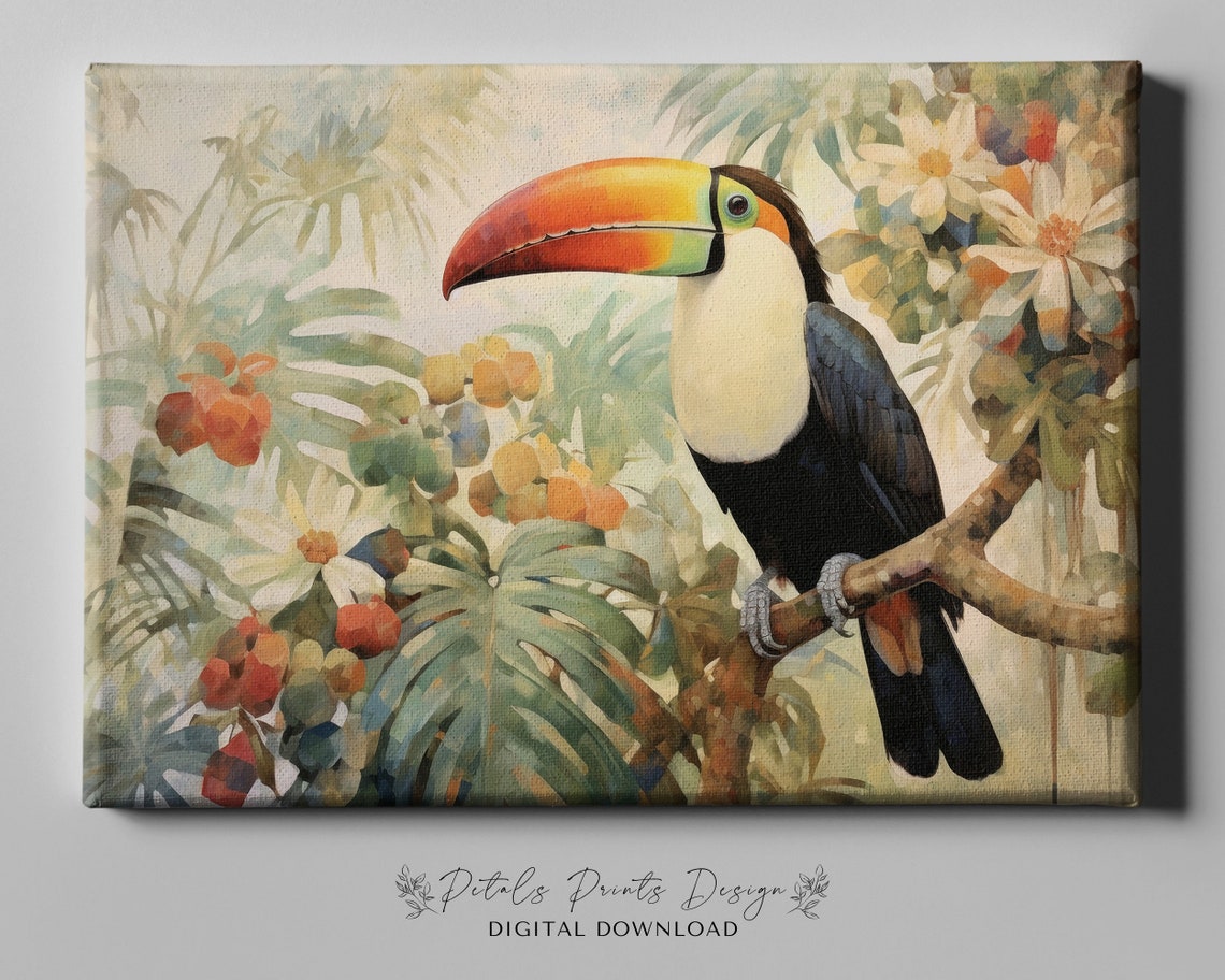 Toco Toucan Tropical Flowers Watercolor Jungle Bird Art Print - Image 4