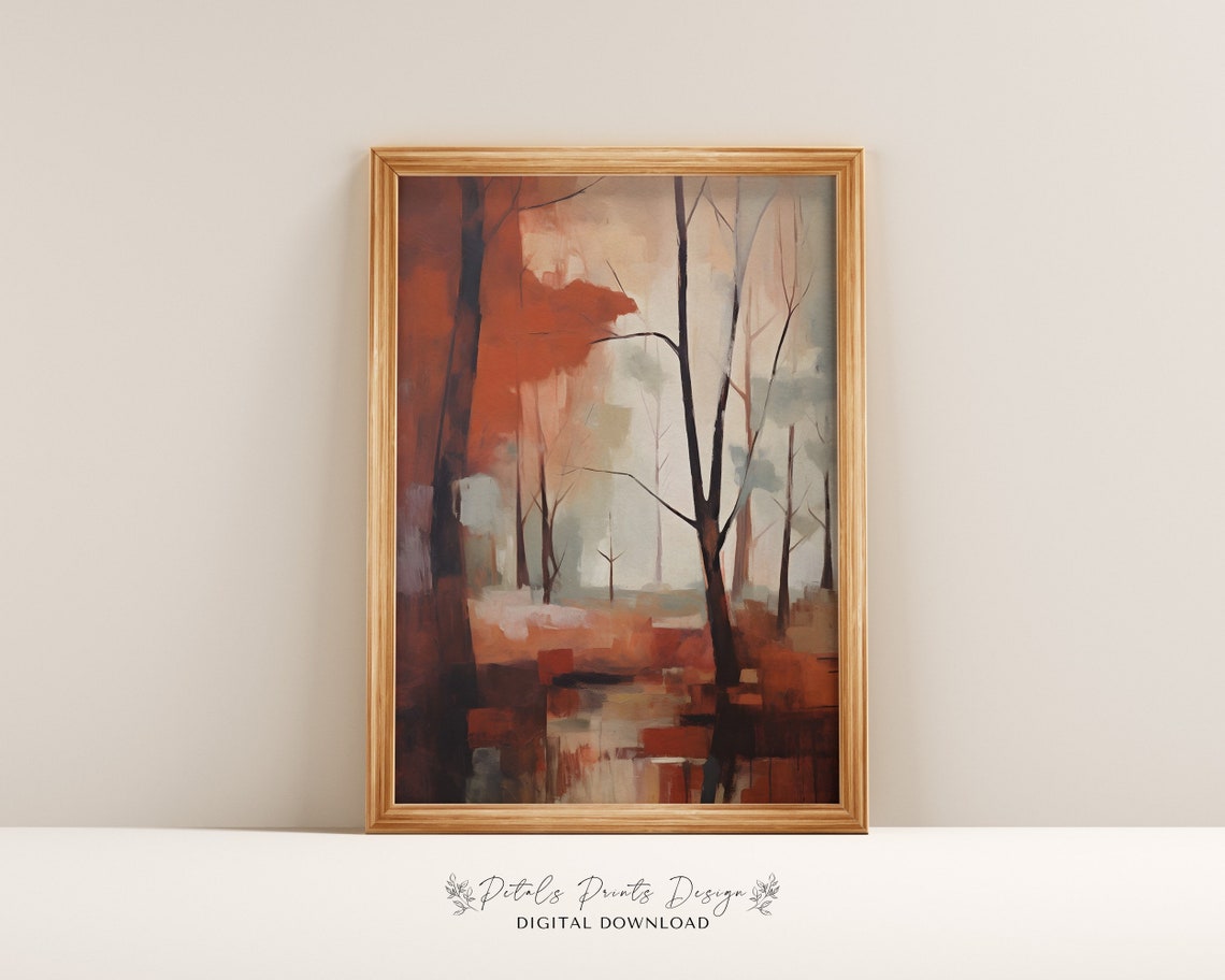 Misty Autumn Forest Abstract Bare Trees in Warm Red Tones Poster