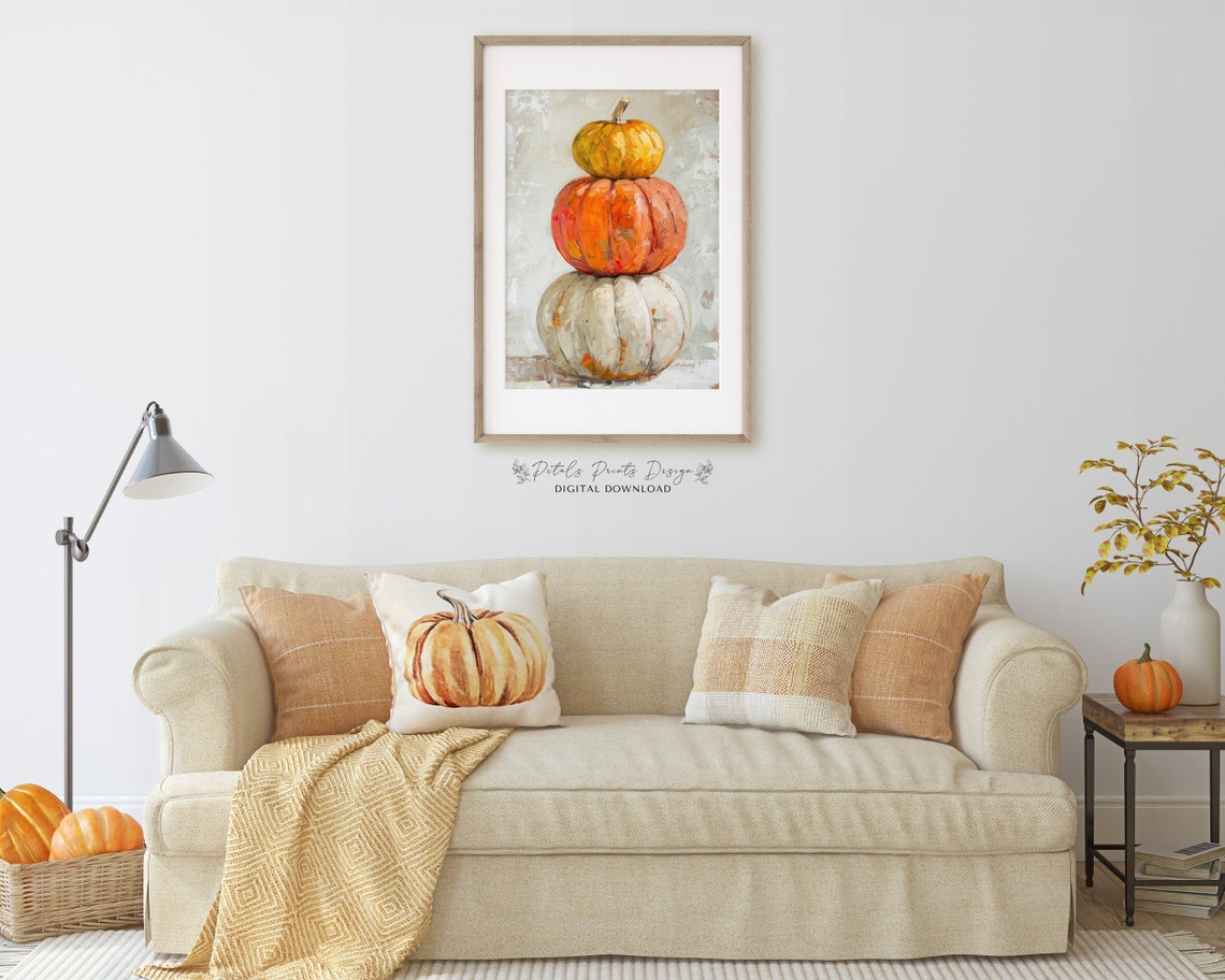 Stacked Pumpkin Tower Impasto Rustic Fall Harvest Decor Art Print - Image 2