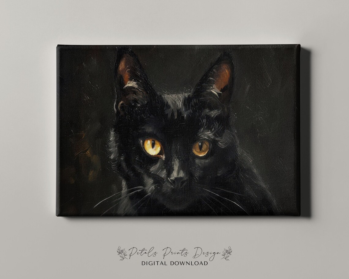 Black Cat Portrait Golden Eyes Dark Gothic Oil Painting Poster - Image 4