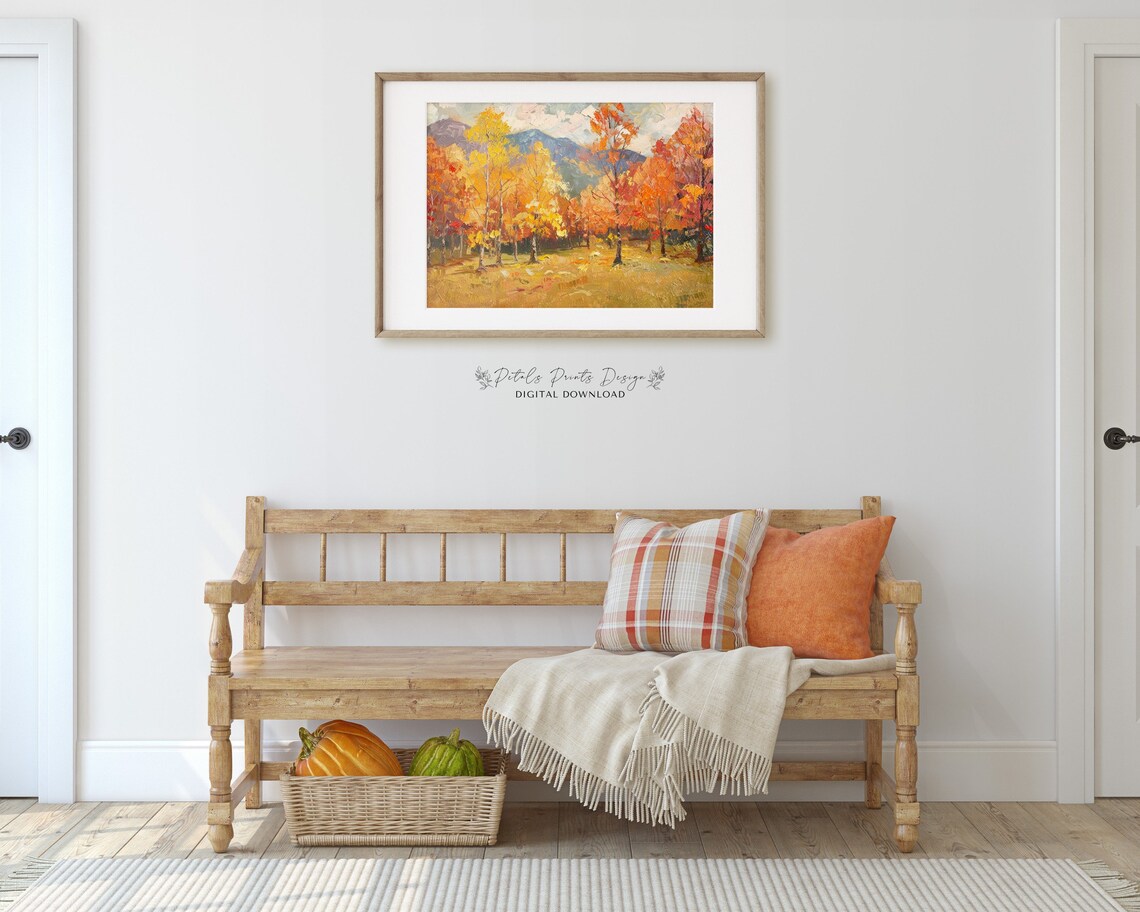 Vibrant Autumn Trees Blue Mountain Oil Painting Fall Landscape Art Print - Image 3